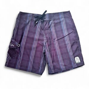 KATIN Men's Board Shorts Brown/Blue Plaid Sz 36 Swim Surf Beach Unlined